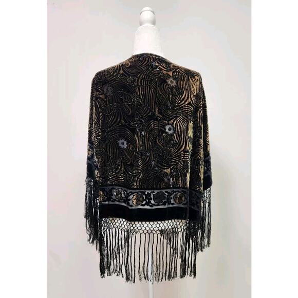 Vtg Aris A Piano Fringe Velvet Burnout Dramatic Open Jacket Black & Amber OS - Picture 3 of 10